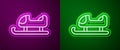 Glowing neon line Sled icon isolated on purple and green background. Winter mode of transport. Vector