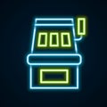 Glowing neon line Slot machine icon isolated on black background. Colorful outline concept. Vector