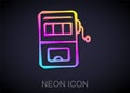 Glowing neon line Slot machine icon isolated on black background. Vector