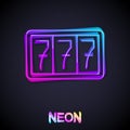Glowing neon line Slot machine with lucky sevens jackpot icon isolated on black background. Vector