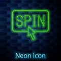 Glowing neon line Slot machine spin button icon isolated on brick wall background. Vector