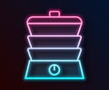 Glowing neon line Slow cooker icon isolated on black background. Electric pan. Vector