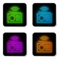 Glowing neon line Smart radio system icon isolated on white background. Internet of things concept with wireless