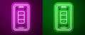 Glowing neon line Smartphone battery charge icon isolated on purple and green background. Phone with a low battery Royalty Free Stock Photo