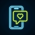 Glowing neon line Smartphone with heart emoji speech bubble get message on screen icon isolated on black background Royalty Free Stock Photo