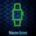 Glowing neon line Smartwatch icon isolated on brick wall background. Vector