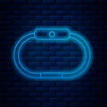 Glowing neon line Smartwatch icon isolated on brick wall background. Vector Illustration