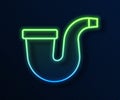 Glowing neon line Smoking pipe with smoke icon isolated on blue background. Tobacco pipe. Vector