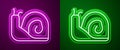 Glowing neon line Snail icon isolated on purple and green background. Vector