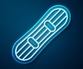 Glowing neon line Snowboard icon isolated on blue background. Snowboarding board icon. Extreme sport. Sport equipment