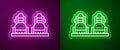 Glowing neon line Snowboard icon isolated on purple and green background. Snowboarding board icon. Extreme sport. Sport