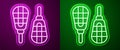 Glowing neon line Snowshoes icon isolated on purple and green background. Winter sports and outdoor activities equipment