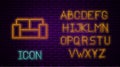 Glowing neon line Sofa icon isolated on brick wall background. Neon light alphabet. Vector Royalty Free Stock Photo