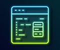 Glowing neon line Software, web developer programming code icon isolated on black background. Javascript computer script Royalty Free Stock Photo
