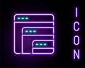 Glowing neon line Software, web developer programming code icon isolated on black background. Javascript computer script