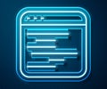 Glowing neon line Software, web developer programming code icon isolated on blue background. Javascript computer script Royalty Free Stock Photo