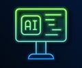 Glowing neon line Software, web developer programming code icon isolated on blue background. Javascript computer script Royalty Free Stock Photo