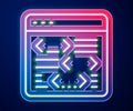 Glowing neon line Software, web developer programming code icon isolated on blue background. Javascript computer script Royalty Free Stock Photo
