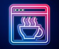 Glowing neon line Software, web developer programming code icon isolated on blue background. Javascript computer script Royalty Free Stock Photo