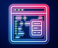 Glowing neon line Software, web developer programming code icon isolated on blue background. Javascript computer script Royalty Free Stock Photo