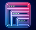 Glowing neon line Software, web developer programming code icon isolated on blue background. Javascript computer script Royalty Free Stock Photo