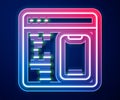 Glowing neon line Software, web developer programming code icon isolated on blue background. Javascript computer script Royalty Free Stock Photo
