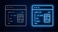 Glowing neon line Software, web developer programming code icon isolated on brick wall background. Javascript computer Royalty Free Stock Photo