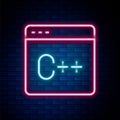 Glowing neon line Software, web developer programming code icon isolated on brick wall background. Javascript computer Royalty Free Stock Photo