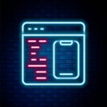 Glowing neon line Software, web developer programming code icon isolated on brick wall background. Javascript computer Royalty Free Stock Photo