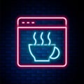 Glowing neon line Software, web developer programming code icon isolated on brick wall background. Javascript computer Royalty Free Stock Photo