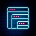 Glowing neon line Software, web developer programming code icon isolated on brick wall background. Javascript computer Royalty Free Stock Photo