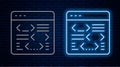Glowing neon line Software, web developer programming code icon isolated on brick wall background. Javascript computer Royalty Free Stock Photo