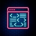 Glowing neon line Software, web developer programming code icon isolated on brick wall background. Javascript computer Royalty Free Stock Photo