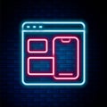 Glowing neon line Software, web developer programming code icon isolated on brick wall background. Javascript computer Royalty Free Stock Photo