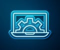 Glowing neon line Software, web development, programming concept icon isolated on blue background. Programming language Royalty Free Stock Photo