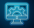 Glowing neon line Software, web development, programming concept icon isolated on blue background. Programming language Royalty Free Stock Photo