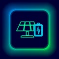 Glowing neon line Solar energy panel and battery icon isolated on black background. Colorful outline concept. Vector