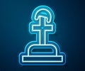 Glowing neon line Soldier grave icon isolated on blue background. Tomb of the unknown soldier. Vector