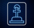 Glowing neon line Soldier grave icon isolated on brick wall background. Tomb of the unknown soldier. Vector