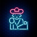 Glowing neon line Spain bullfight, matador icon isolated on brick wall background. Traditional Spanish entertainment