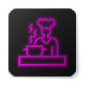 Glowing neon line Spanish cook icon isolated on white background. Black square button. Vector