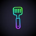 Glowing neon line Spatula icon isolated on black background. Kitchen spatula icon. BBQ spatula sign. Barbecue and grill