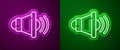 Glowing neon line Speaker volume, audio voice sound symbol, media music icon isolated on purple and green background. Vector Royalty Free Stock Photo