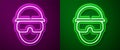 Glowing neon line Special forces soldier icon isolated on purple and green background. Army and police symbol of defense