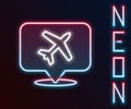 Glowing neon line Speech bubble with airplane travel icon isolated on black background. Plane flight transport sign Royalty Free Stock Photo