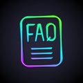 Glowing neon line Speech bubble with text FAQ information icon isolated on black background. Circle button with text FAQ Royalty Free Stock Photo