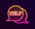 Glowing neon line Speech bubble with text Help icon isolated on black background. Vector