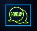 Glowing neon line Speech bubble with text Help icon isolated on brick wall background. Vector Illustration