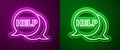 Glowing neon line Speech bubble with text Help icon isolated on purple and green background. Vector Illustration