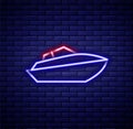 Glowing neon line Speedboat icon isolated on brick wall background. Colorful outline concept. Vector
